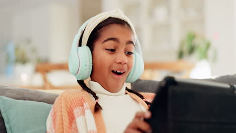 home, happy and girl with headphones