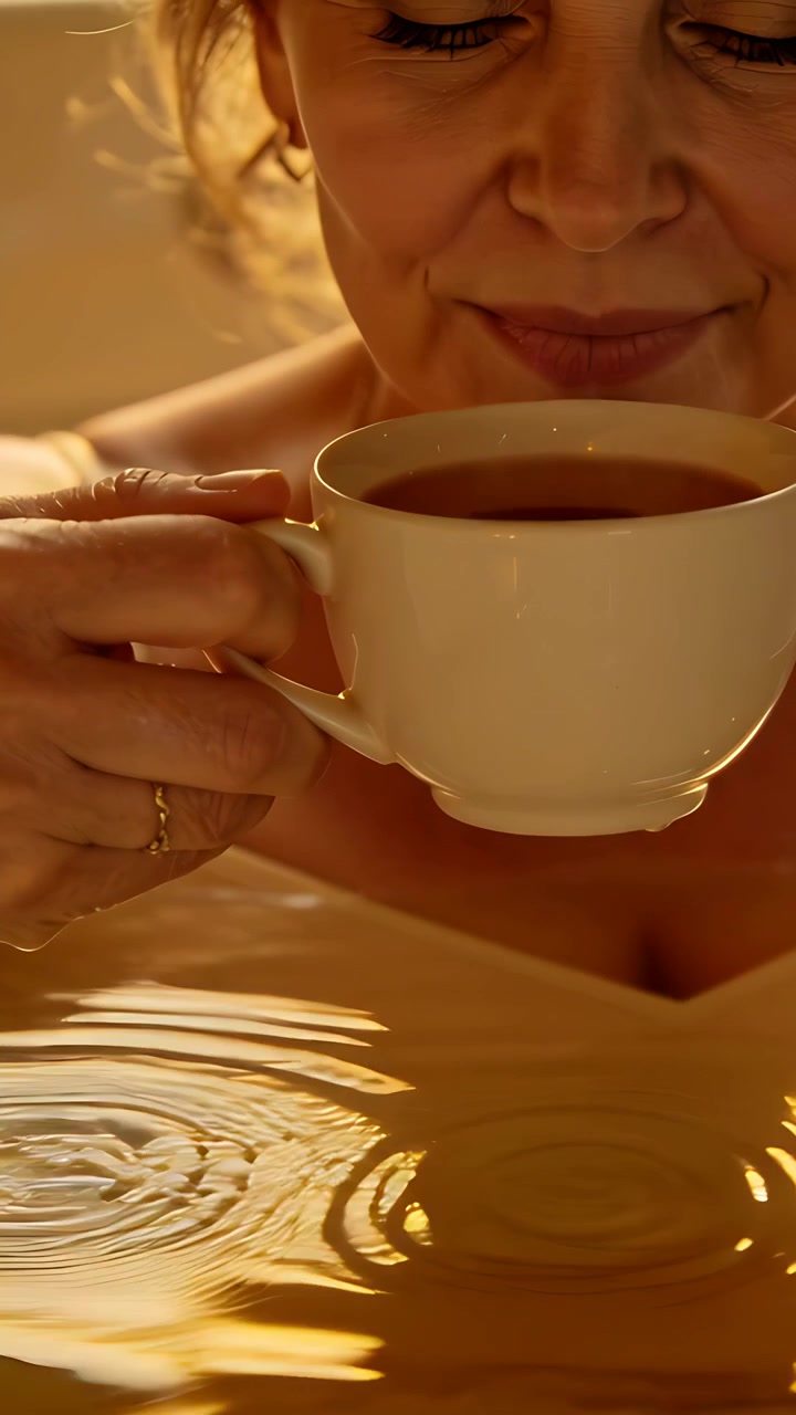 Video verticale: Anziano che si stabilizza sollevando una tazza bianca sopra la vasca, con gocce che cadono, sorseggiando per scaldarsi.