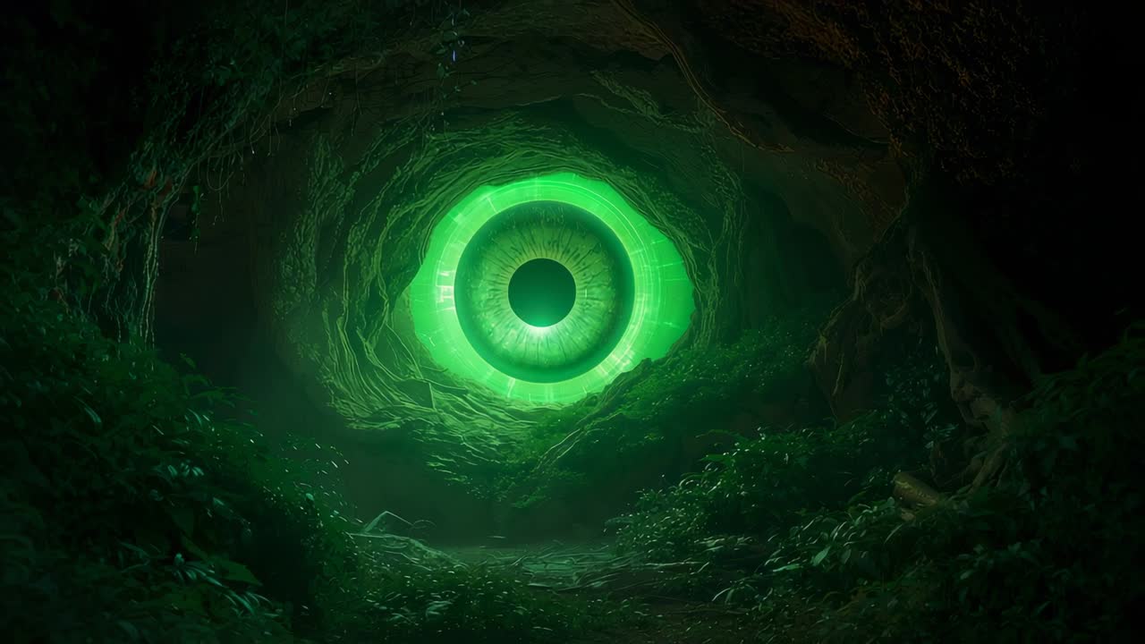 Emerging faint green glow forming circular portal inside dark vegetated tunnel, illuminating roots
