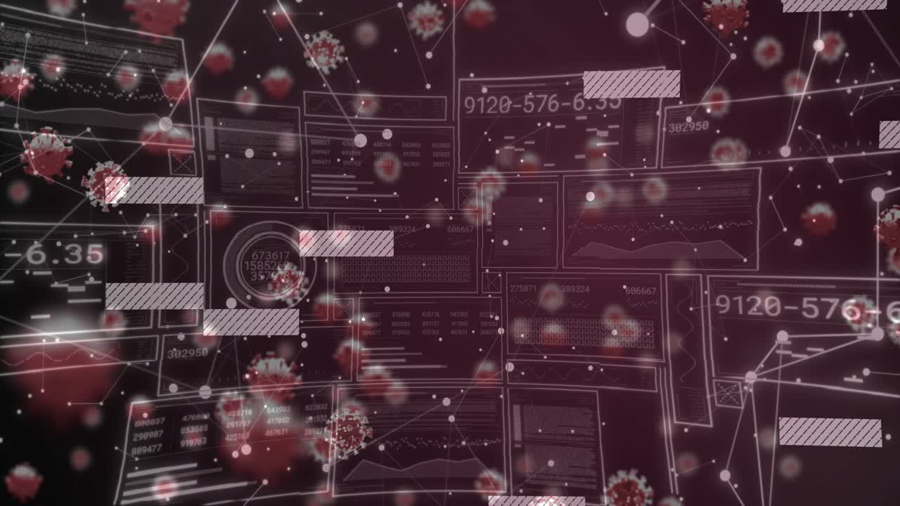 Camera shifting inward, red markers drifting across maroon UI, bars sliding, gauges showing data
