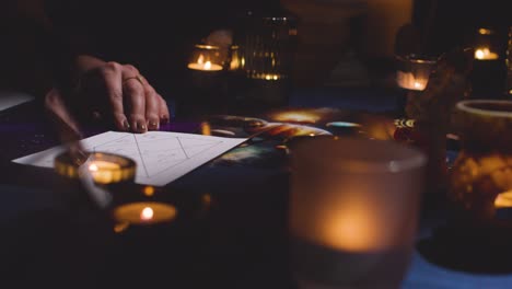 close up of woman drawing astrology lagna or birth chart on candlelit table 7