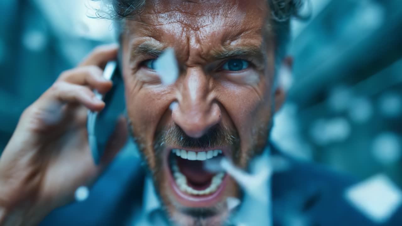 Intense Emotional Outburst: A Man in Business Attire Yelling into a Phone with Passionate Anger Captured in Two Powerful Frames