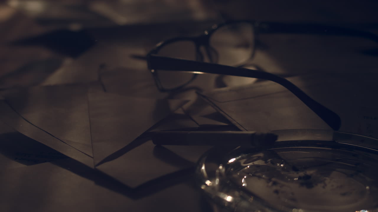 сигарета на пепельнице, очки лежат на разбросанных документах при ярком солнечном свете и тени от колышущихся на ветру штор