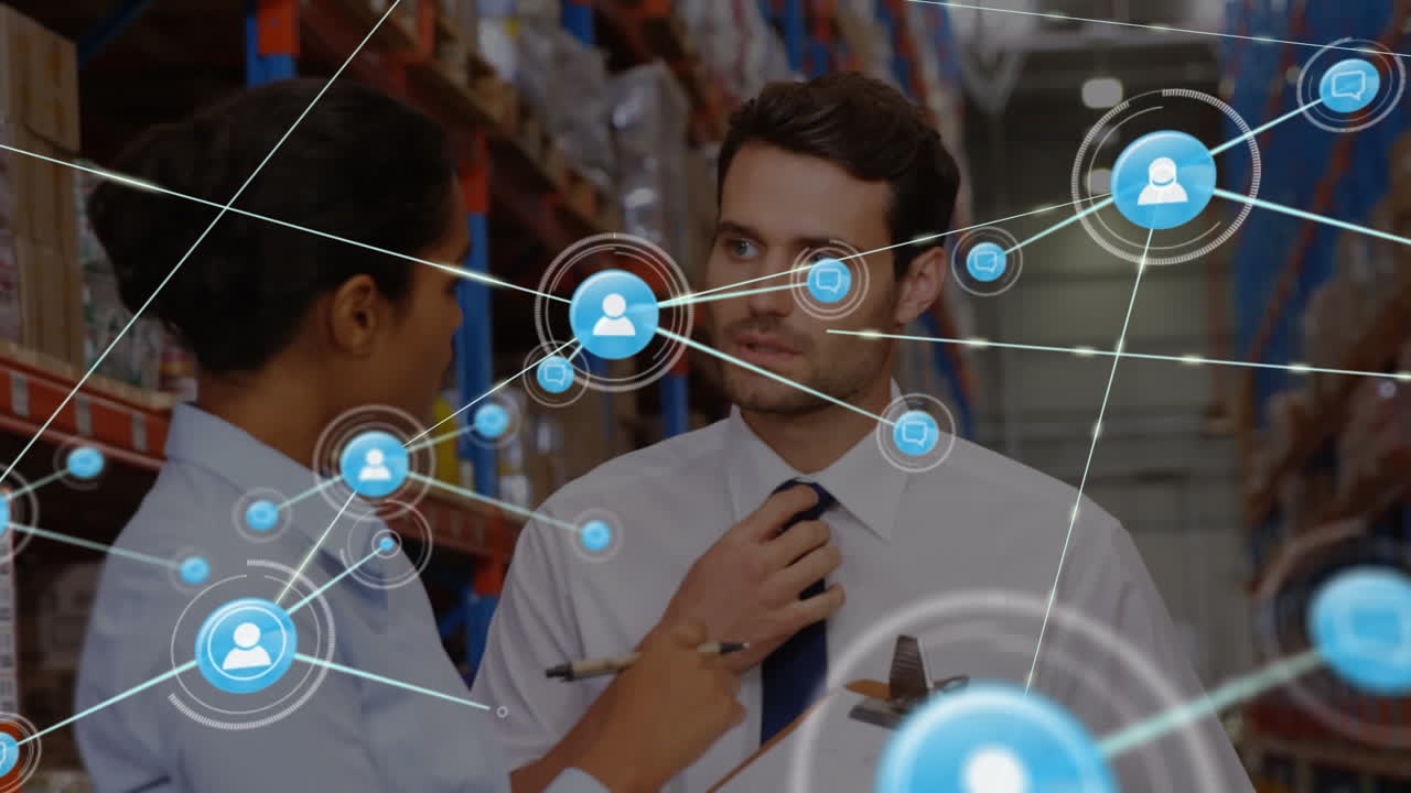 animación de la red de conexiones entre diversos trabajadores en el almacén