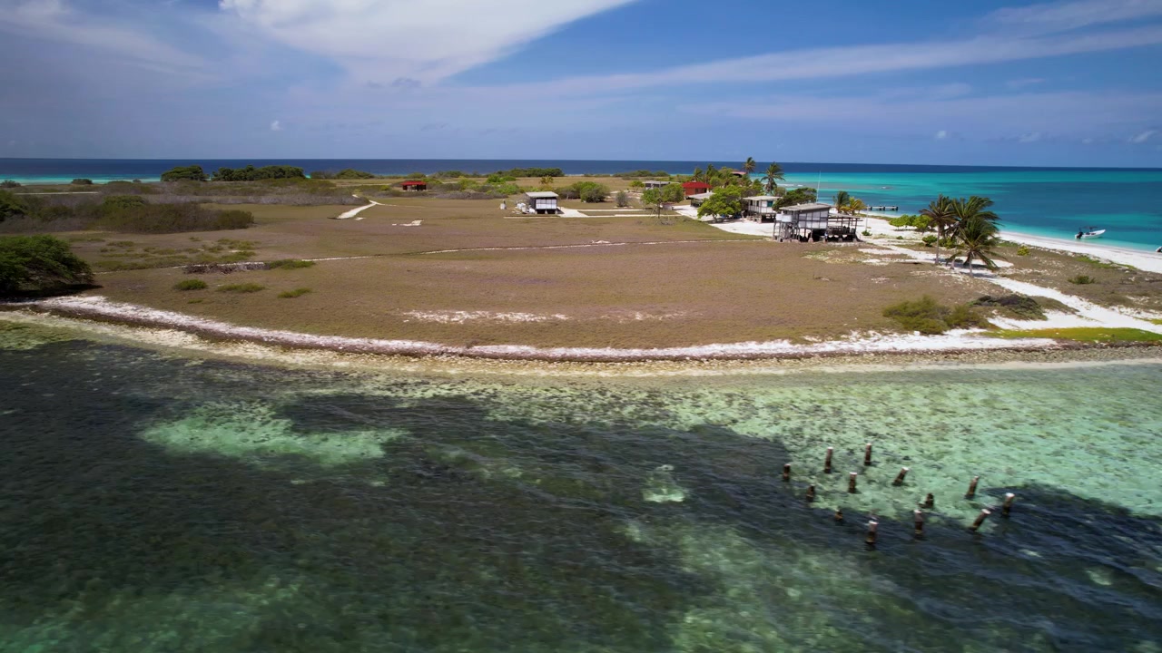 Terbang lintas udara garis pantai pulau Dos Mosquises, terumbu karang pirus, dan air jernih