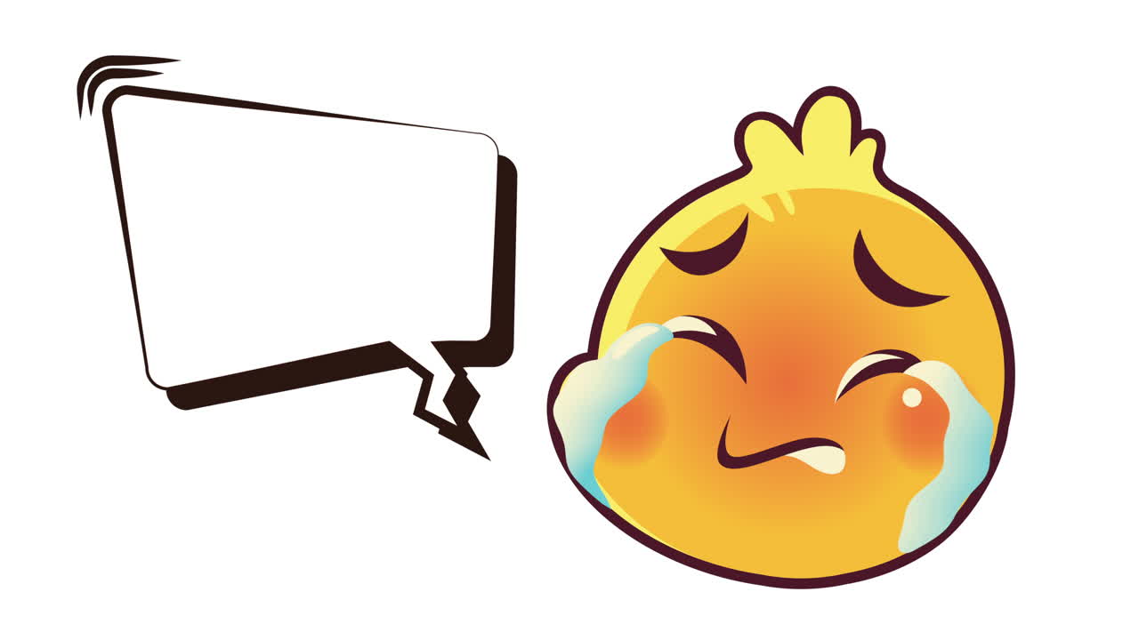 귀여운 이모티콘 울고 있는 얼굴과 음성 버블 애니메이션