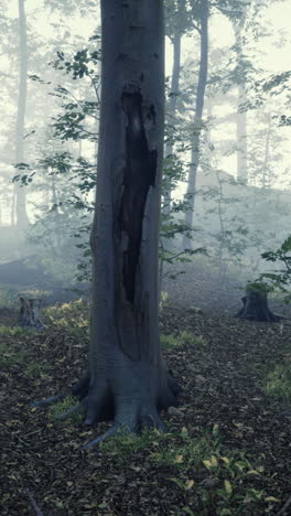 un bosque de niebla con un árbol alto con una grieta en él