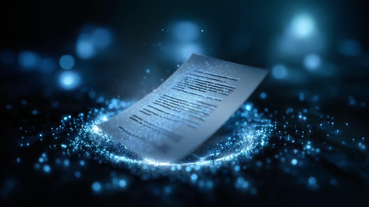 A Glowing Sheet of Paper Surrounded by Sparkling Particles, Highlighting the Intricacies of Text and the Beauty of Light in an Abstract Background