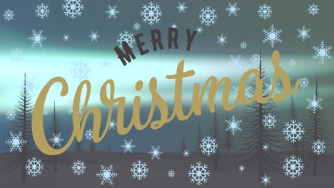 Animation-of-merry-christmas-text-and-falling-snowflakes-over-winter-landscape