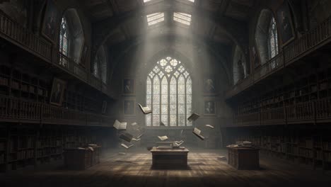 a magical library: enchanted books in air and ray of light illuminating the grand architecture of a historical repository of knowledge