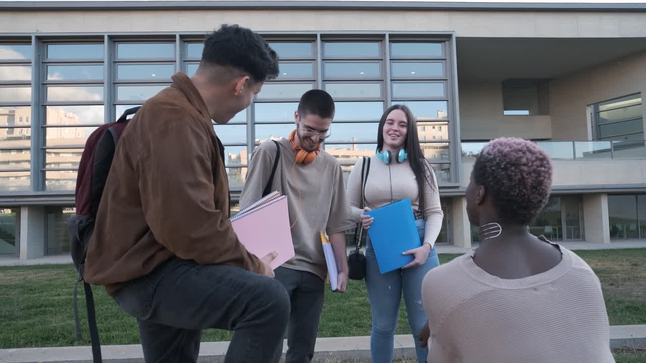 Group of students in a circle talking outside the university