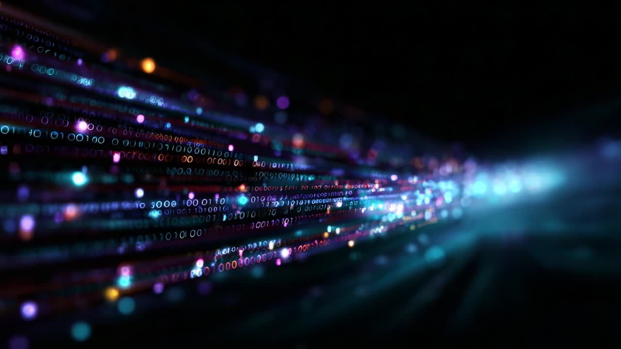 A mesmerizing journey through a digital landscape, where vibrant streams of binary code and colorful light particles converge, creating a visual representation of data flow and technological advancement in cyberspace