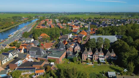 fixed panorama wide shot of idyllic below sea level dutch village ilpendam