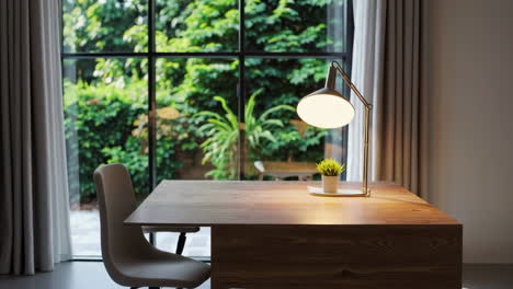 modern home office with garden view and desk setup