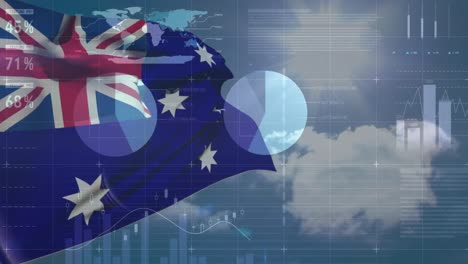 animation of australian flag waving against blue sky with bright sun and infographic interface