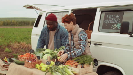 diverse farmers selling fresh vegetables by van