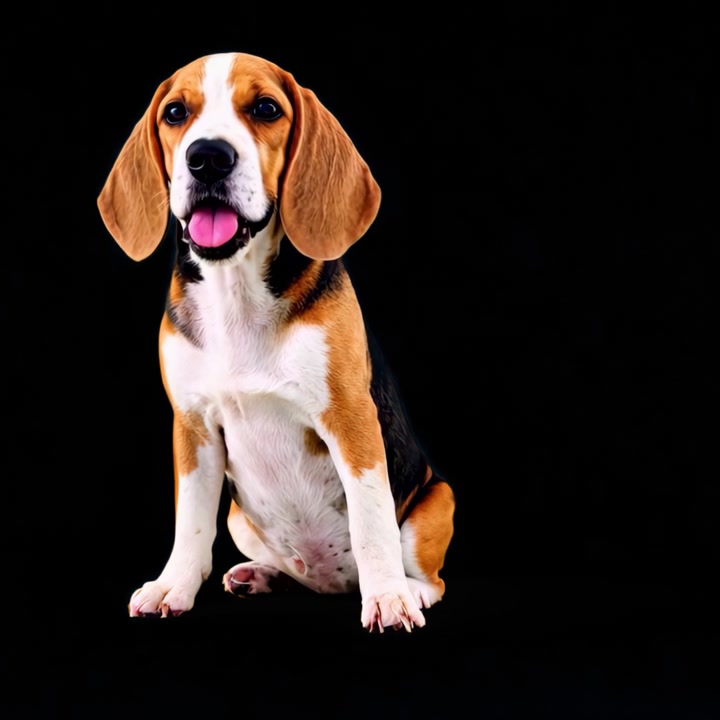 Cane beagle tricolore felice seduto con la lingua di fuori su sfondo nero