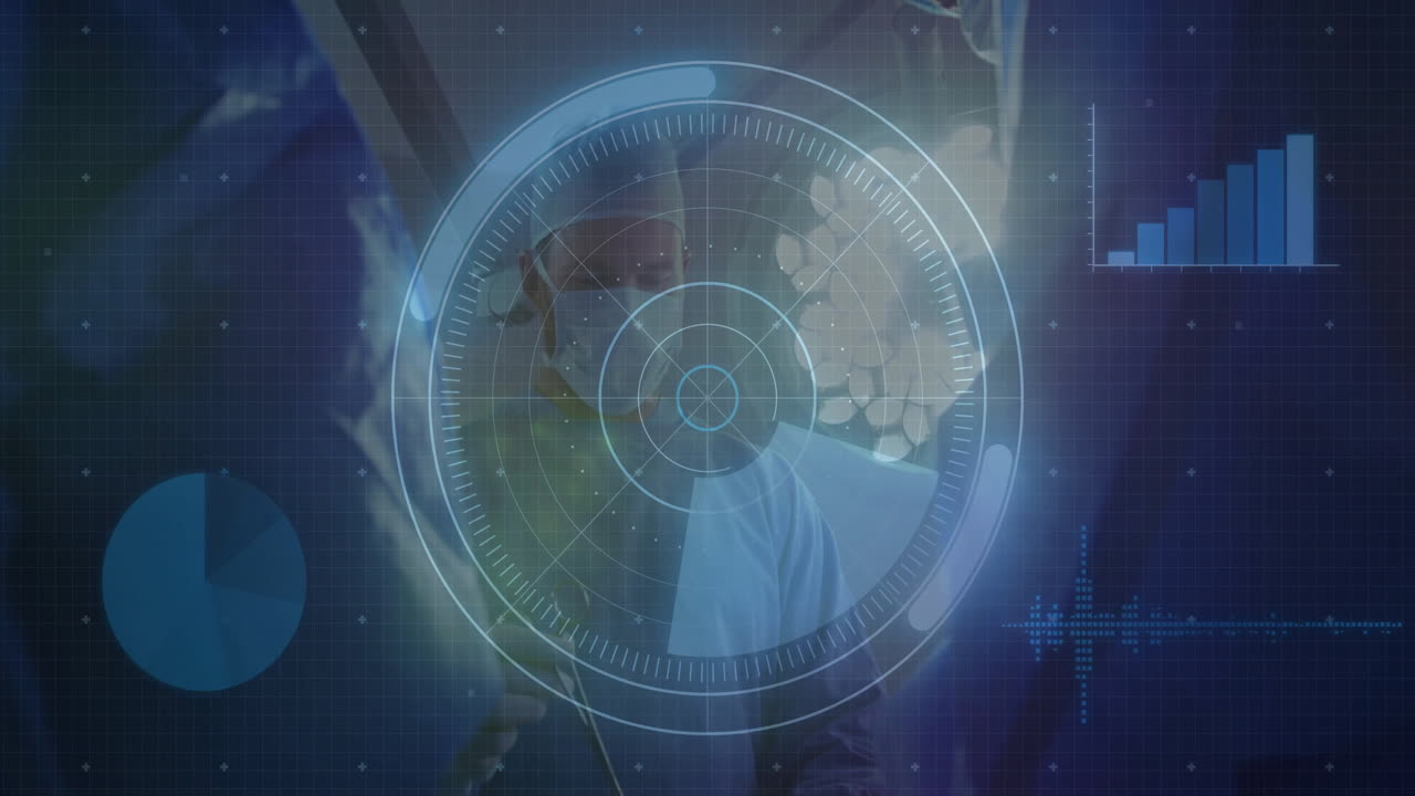 male surgeon performing procedure in operating room, showing medical HUD reticle and data charts