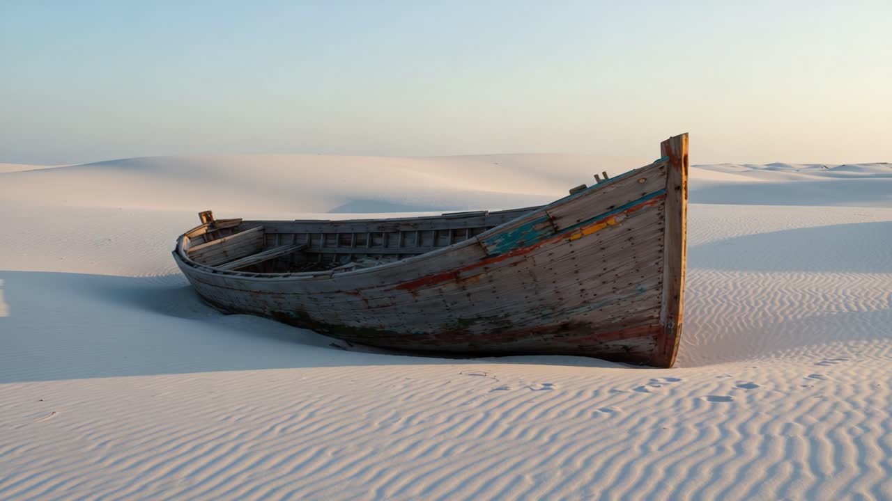 Abandoned Wooden Boat Nestled in Serene Sand Dunes Under a Soft Horizon, Capturing the Beauty of Desolation and Nature's Elements at Dusk