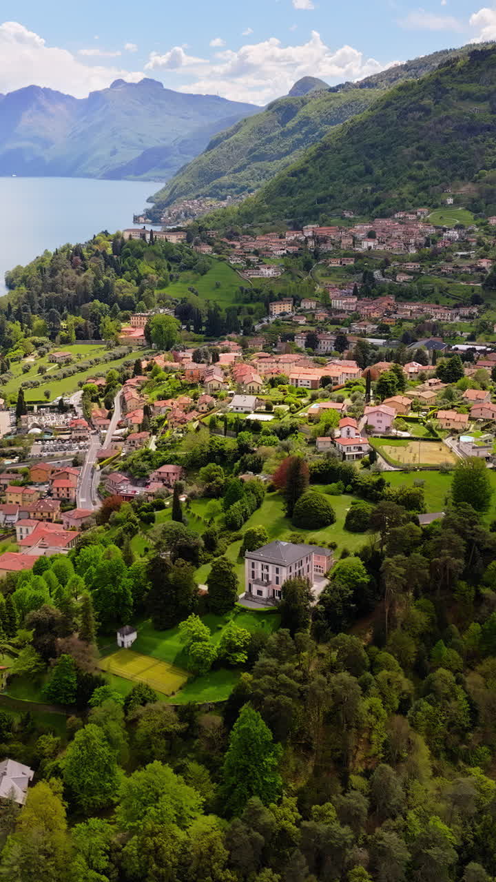 Aerial drone view of the village Bellagio near Lake Como, Italy. Vertical