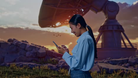 side view of an asian female professional worker standing with her smartphone with large satellite dish, checking on her smartphone with meditation