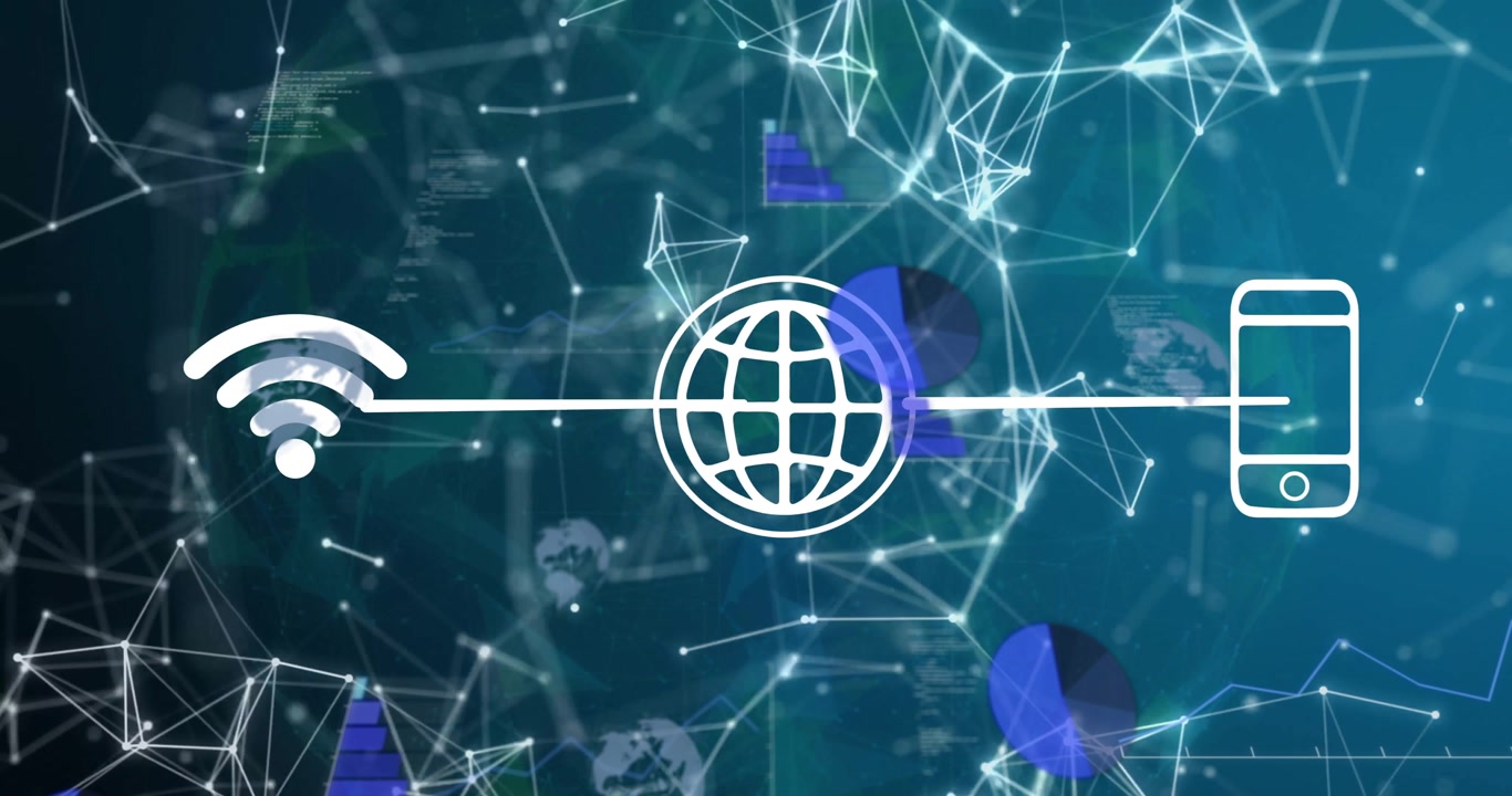 Animation of network symbols in digital data visualization background for school projects