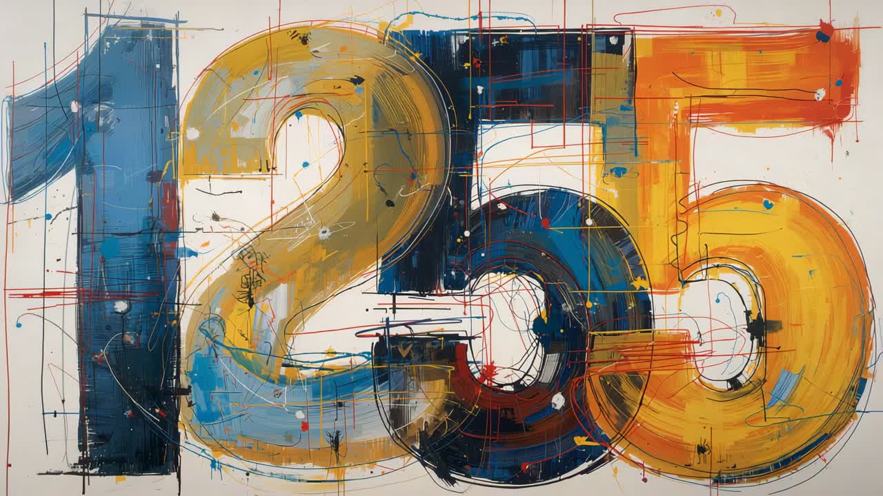 Starting camera drifting right with push-in, revealing paint texture on numerals in gallery