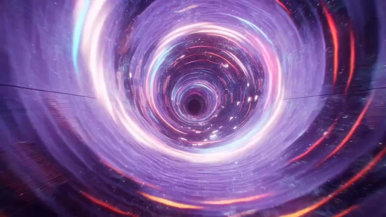 Ein abstrakter Raum mit einem wirbelnden Strudel in einer dynamischen und energiegeladenen Bewegung. Die blauen und violetten Farben verschmelzen zu einer kosmischen Szene, während ein roter Planet eine außerirdische Weltatmosphäre hinzufügt.