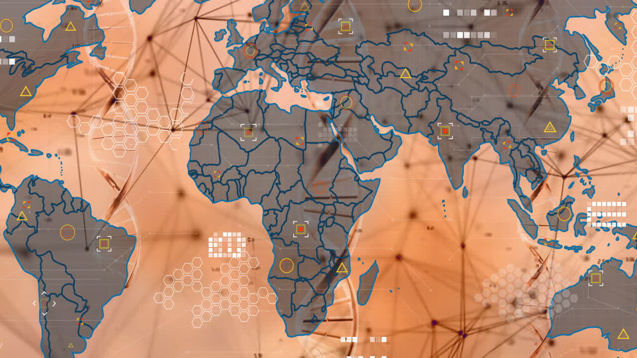 Animation of world map showing network connections and data processing elements