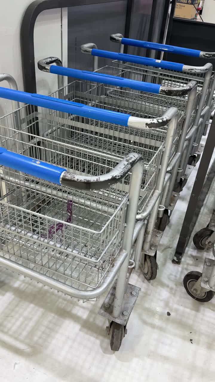 Flera kundvagnar i metall med blå handtag uppradade