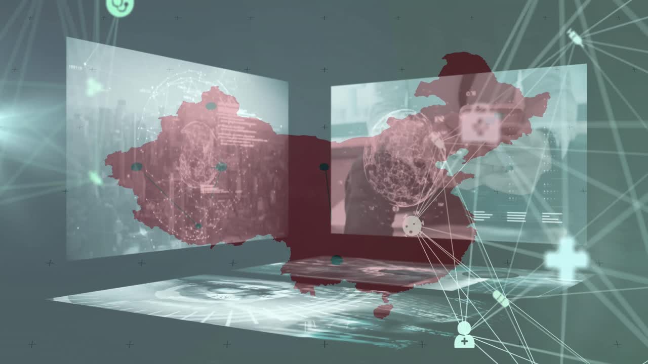 Animation of network of connections over business people using phone headsets