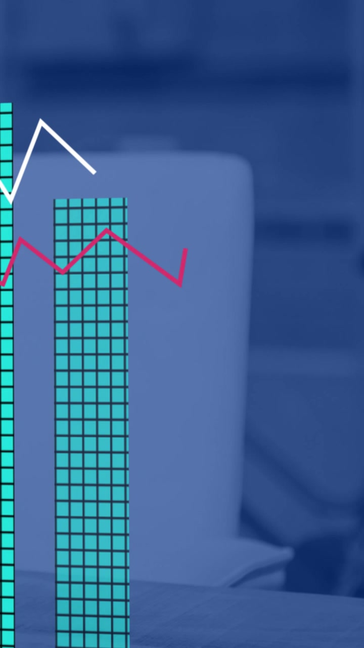 Vertical video: Data viz appearing from left on device, bars rising, lines tracing finance trends
