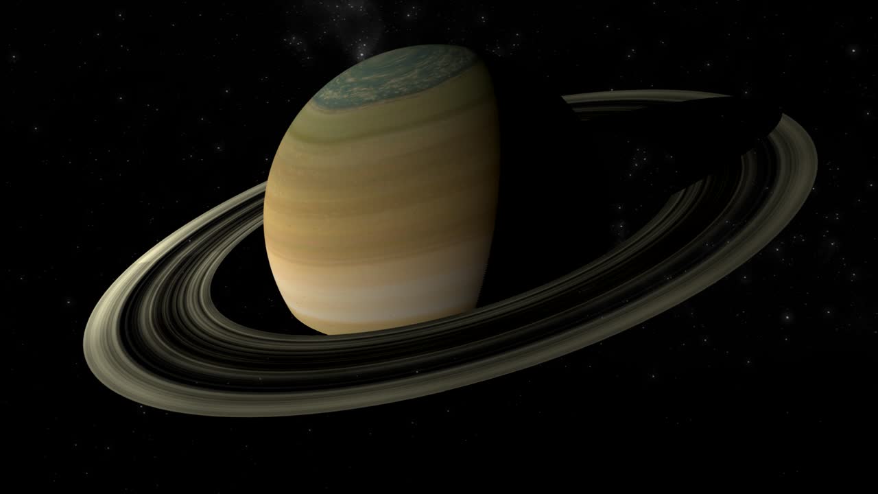 impresionante vista de efectos visuales en 3d de saturno, mientras la cámara orbita lentamente para obtener una vista espectacular de los icónicos anillos del planeta.