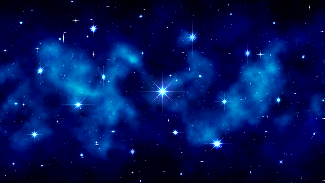 움직이는 연기, 안개, 어두운 파란색, 밝은 큰 박이는 별, 움직이는 성운, 원활한 루프와 함께 밤의 별빛 하늘