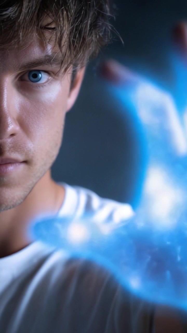 Um jovem com olhos azuis cativantes manipulando energia cósmica com a mão, criando um brilho etéreo que incorpora criatividade e poder místico