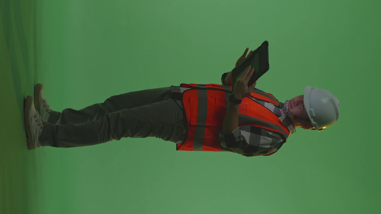 vista lateral completa del cuerpo de un ingeniero masculino asiático con casco de seguridad trabajando en una tableta mientras está de pie en el estudio de fondo de pantalla verde, durante la puesta o el amanecer
