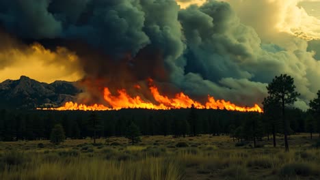 a large plume of smoke rises over a forest fire in the mountains