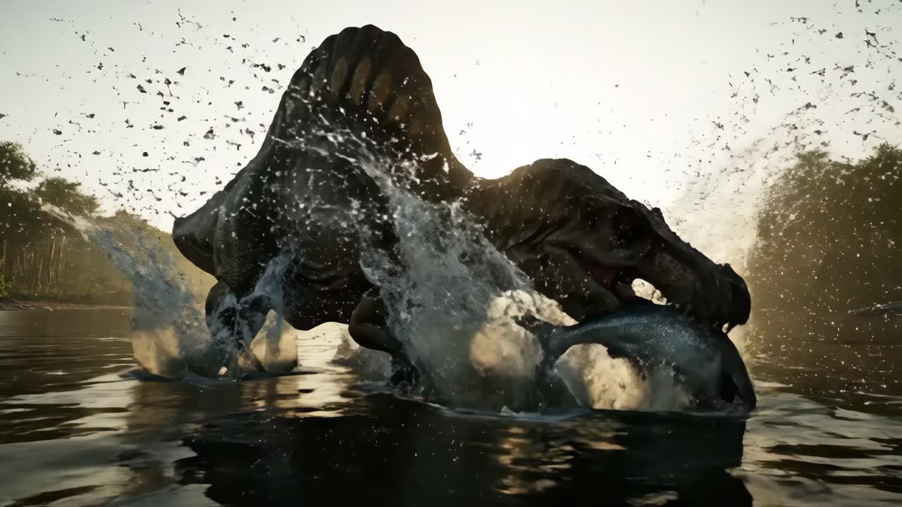 Spinosaurus catching fish in the water