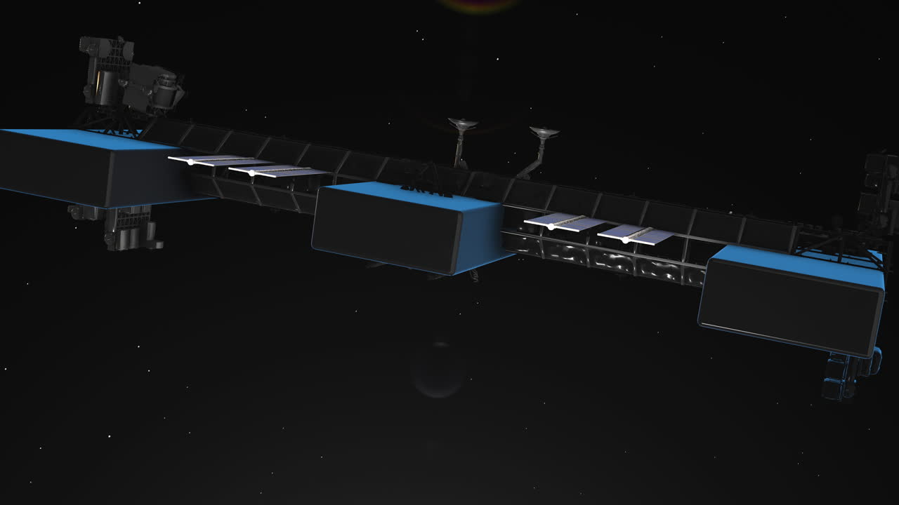 Un data center nello spazio che rimanda risorse di calcolo sulla Terra utilizzando l'energia solare. Ideale per temi come tecnologia futuristica, archiviazione cloud e la prossima frontiera di Internet.