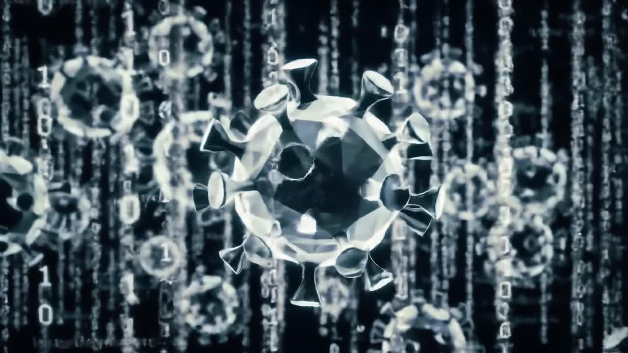 Digital Representation of Virus Particles Set Against a Matrix of Binary Code, Illustrating the Intersection of Biology and Technology in a Contemporary Context