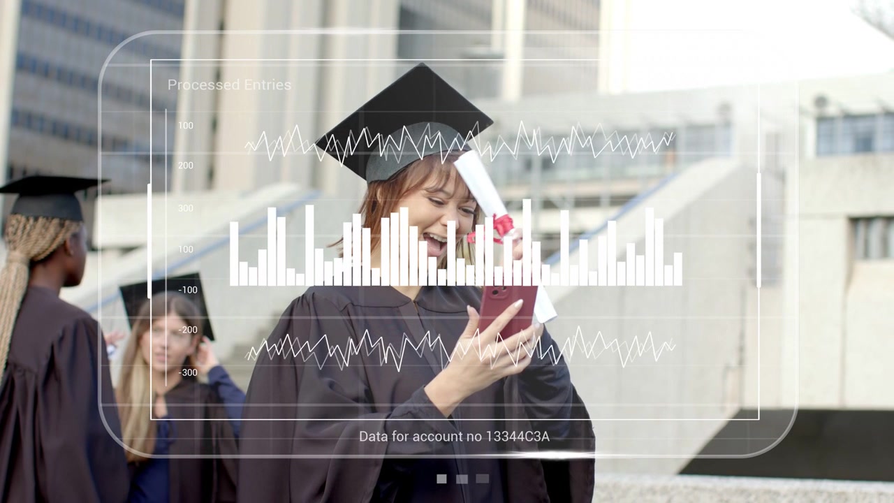 Graduate checking pink smartphone and raising rolled diploma, animated HUD charting education data