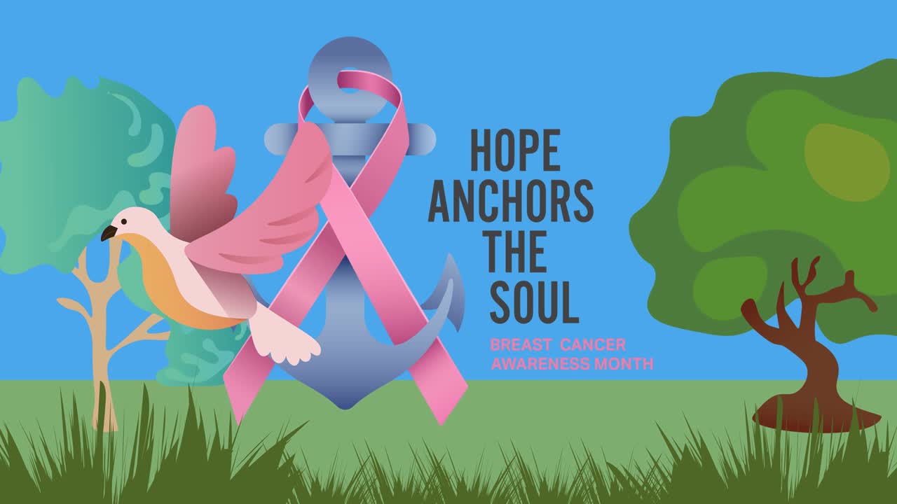 나무와 새 위에 분홍색 리본 커 로고와 유방암 텍스트의 애니메이션