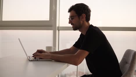 vista lateral de un hombre de negocios que usa una computadora portátil en un lugar de trabajo remoto en cámara lenta. un profesional independiente que trabaja en la computadora en casa. un hombre enfocado que mira la pantalla y escribe activamente en una casa grande con ventanas panorámicas.