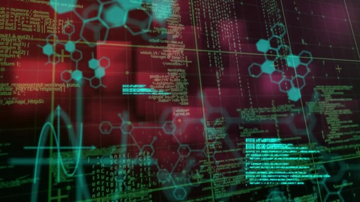 Animation of data processing with chemical formula on black background