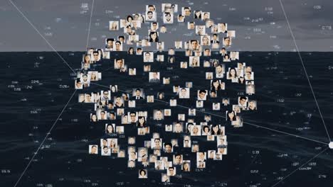 animation of network of connections with people photos over sea