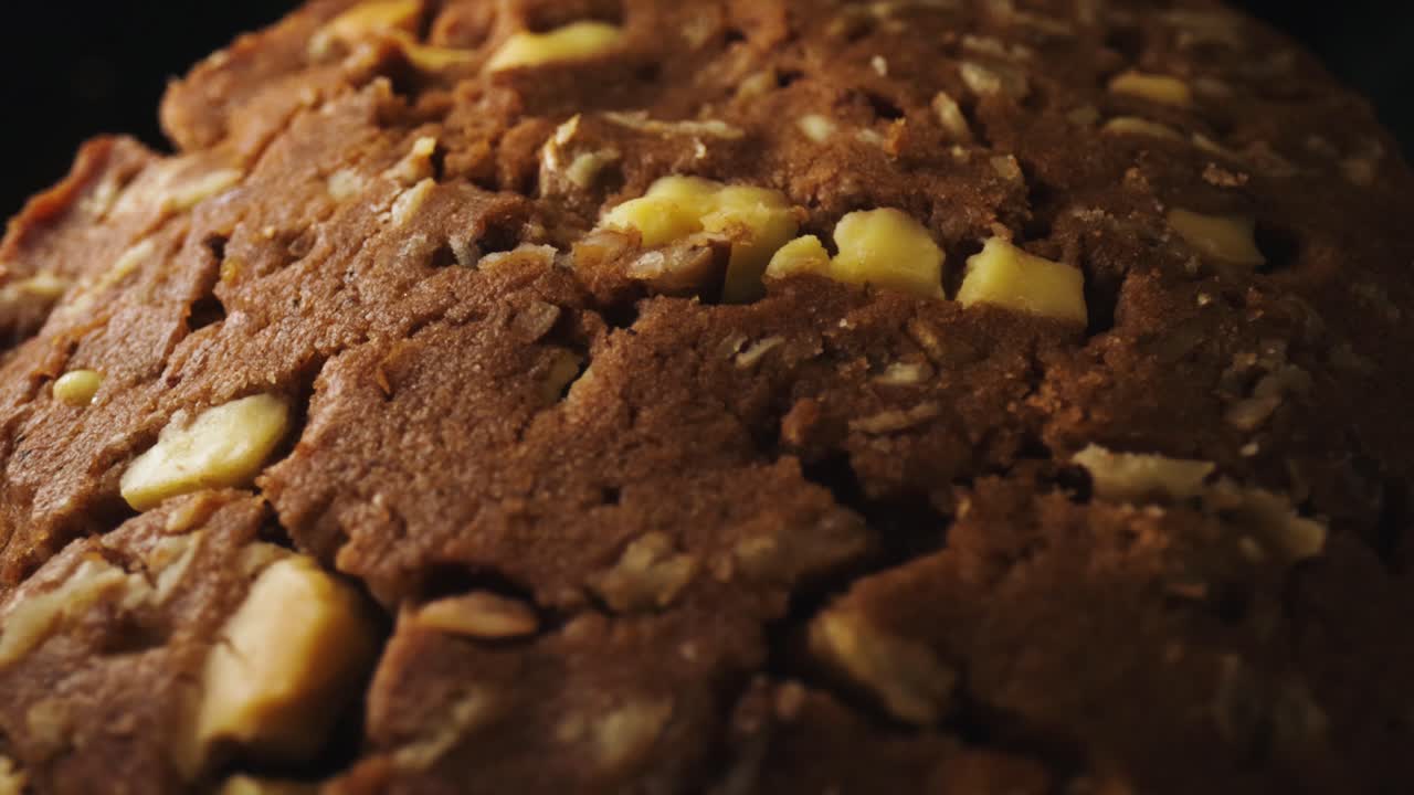 Superficie di biscotti in primo piano con cioccolato cotto marrone e frutta secca