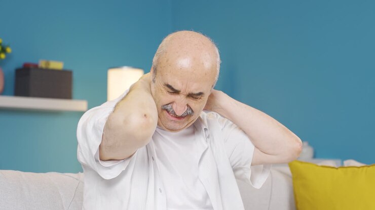 Sick old man suffering from neck pain.