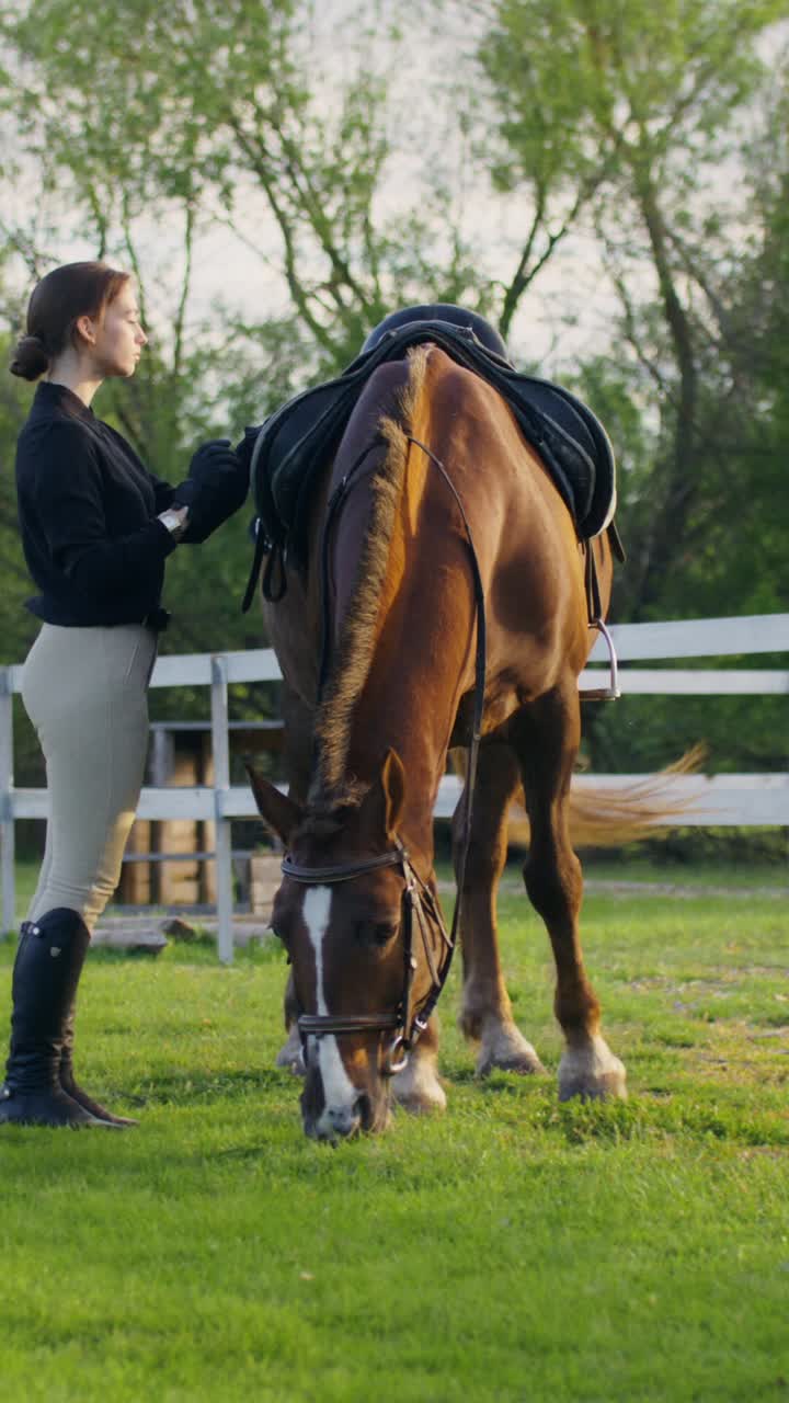 Woman interacting with horse at a pasture