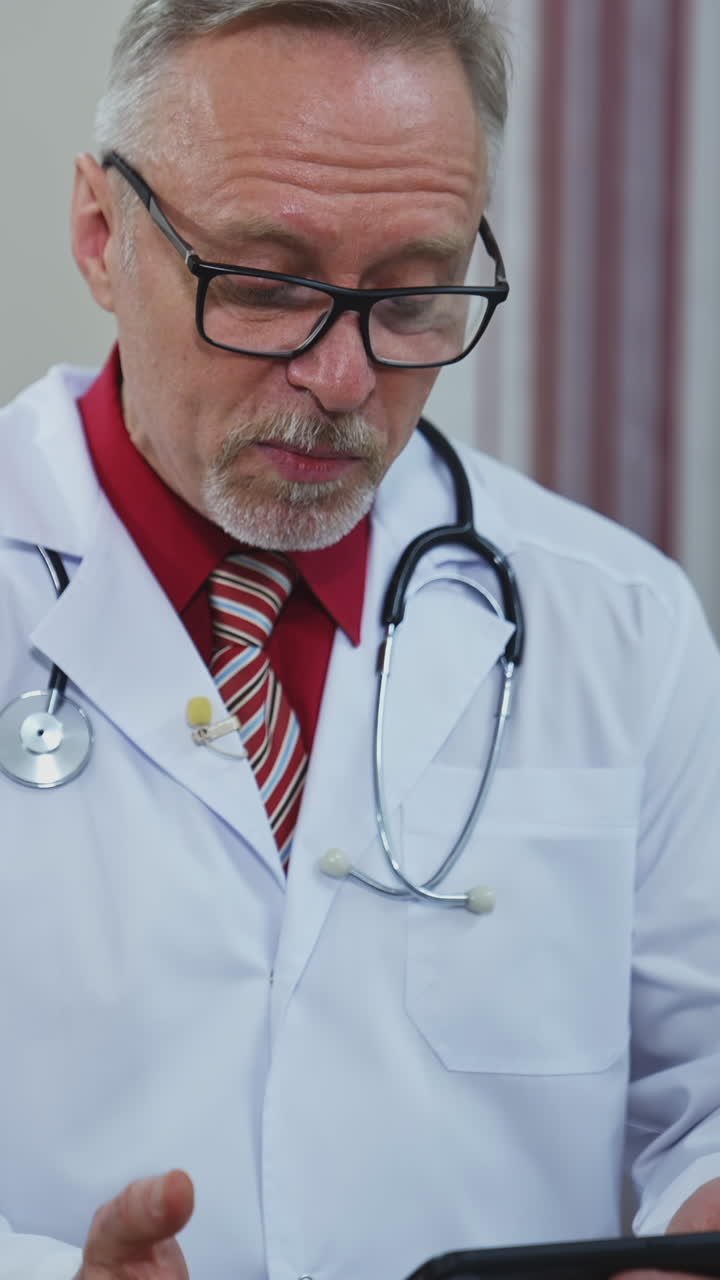 Senior doctor with a phone in medical center. Grey haired therapist in medical white coat with stethoscope giving consultation through the mobile phone in clinic. Vertical video