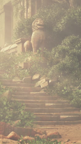 ancient stone lion statue at entrance of overgrown ruins